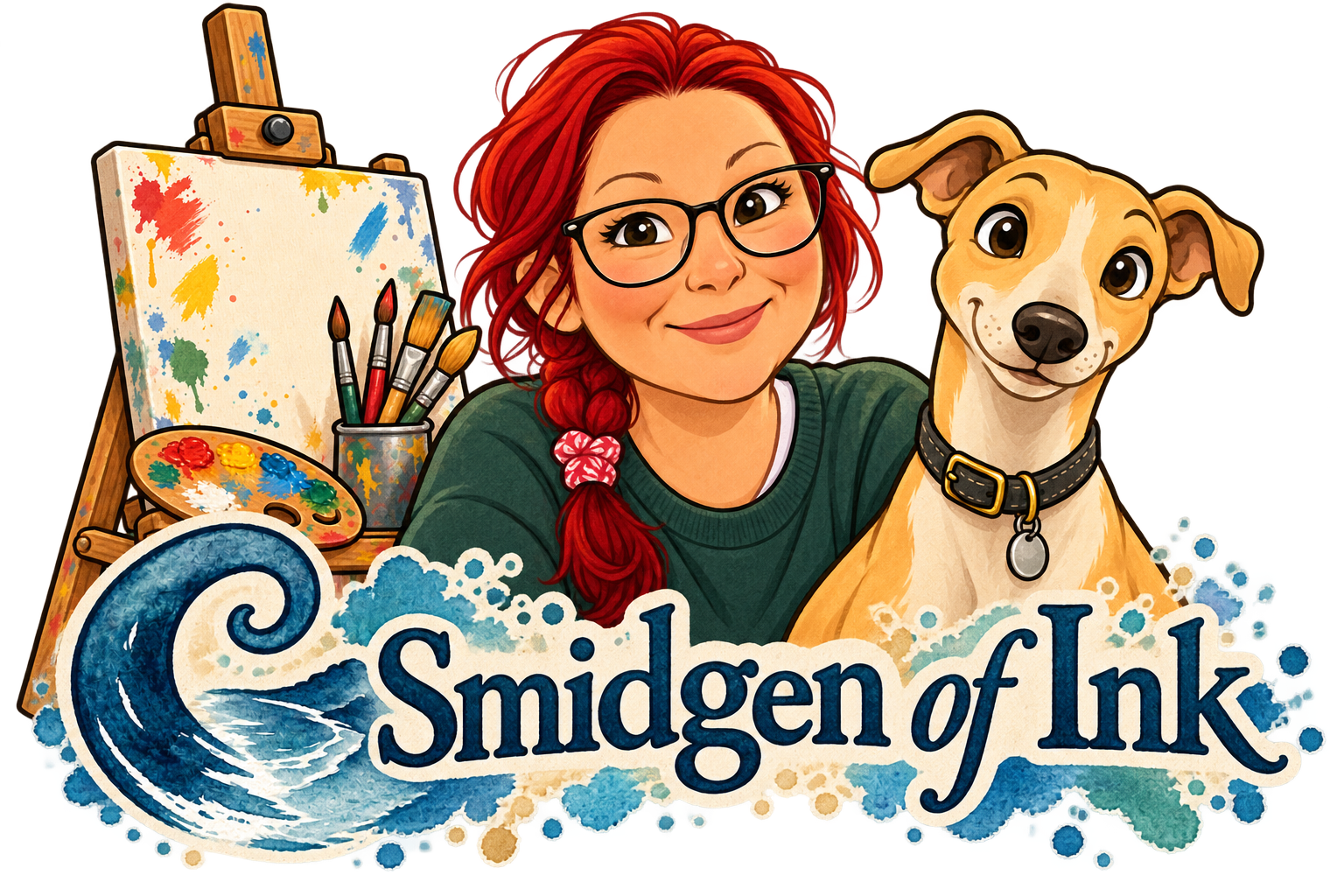 Smidgen of Ink artist, dog and painting easel